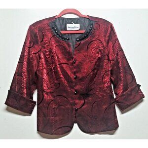 Another Thyme Razzie Red Top Shirt Sz L Burgundy Paisley beaded neckline 3/4 sle
